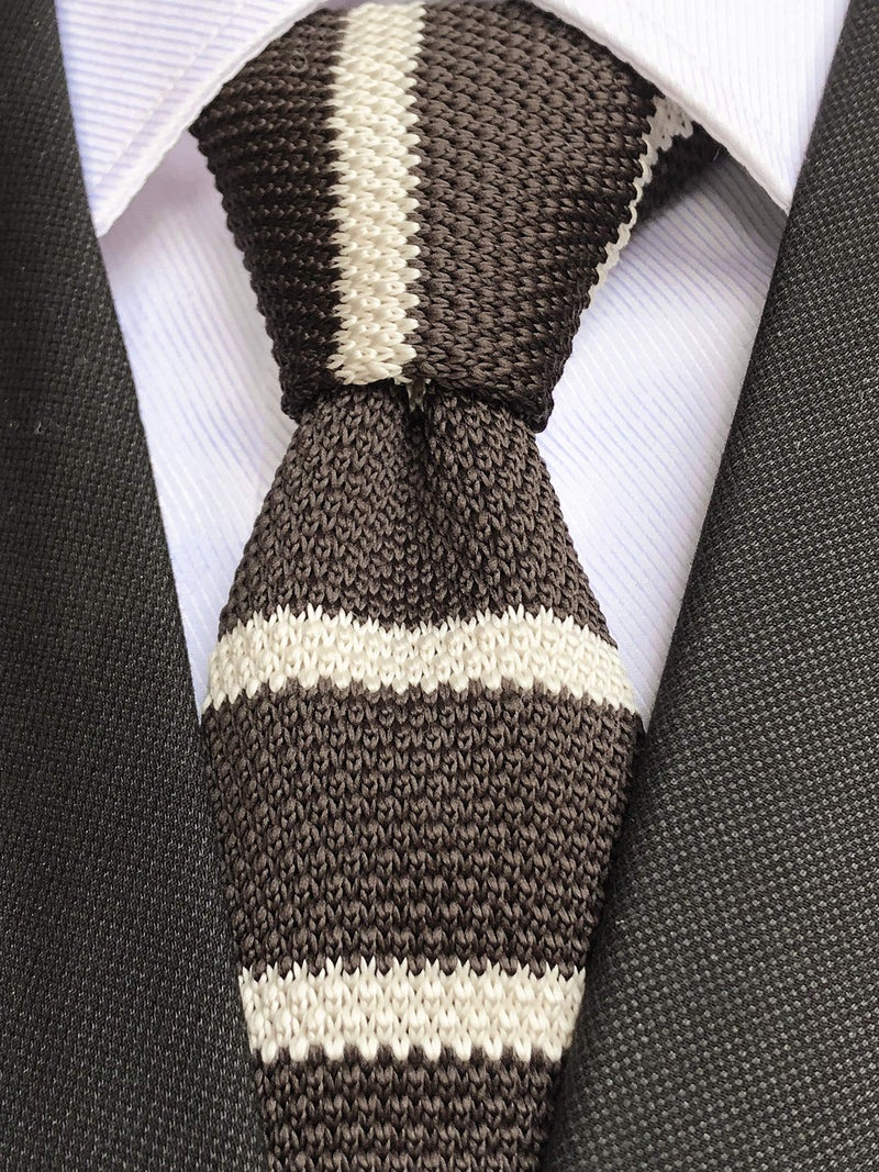 Secdtie Men's Big Boys Preppy Wide Briton Stripe Dark Brown Knitted Tie White Novelty Necktie with Flat Bottom - Image 2